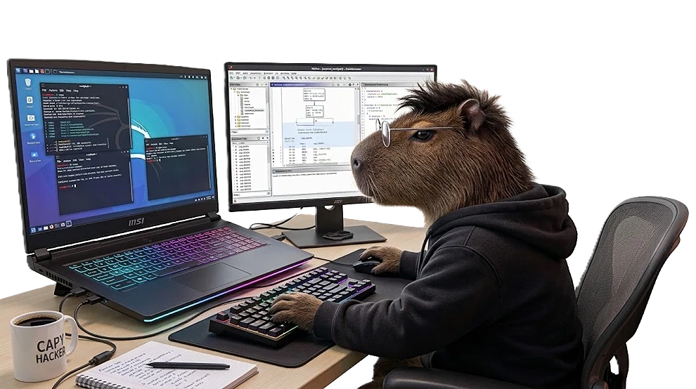 Welcome Image: illustration of a Capybare Using Kali Linux doing Reverse Engineering with Ghidra, representing Cagan.